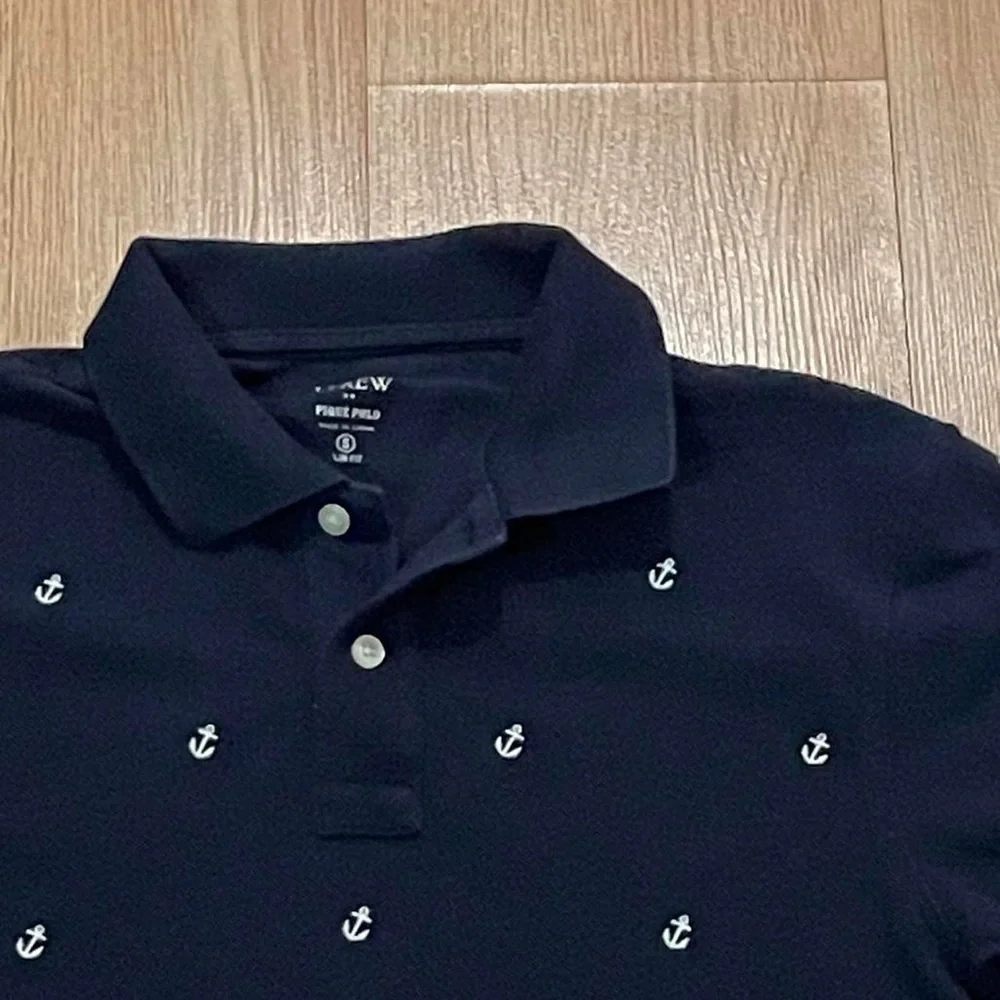J.Crew Pique Polo Shirt Boys Small Anchor Print Slim Fit Short Sleeve Navy Blue